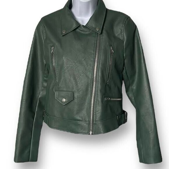 Love Tree Jacket Women's M Green Faux Leather Asymmetrical Zip Crop Moto Biker - Picture 1 of 16